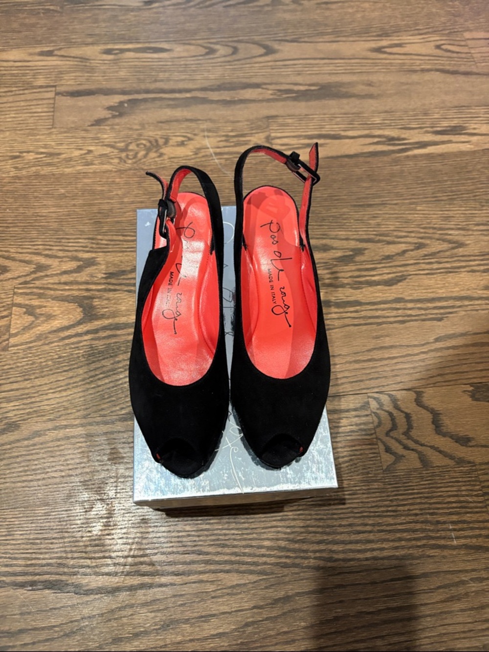 Pas de Rouge Black Suede Peep-Toe Slingback Heels with Red Insoles